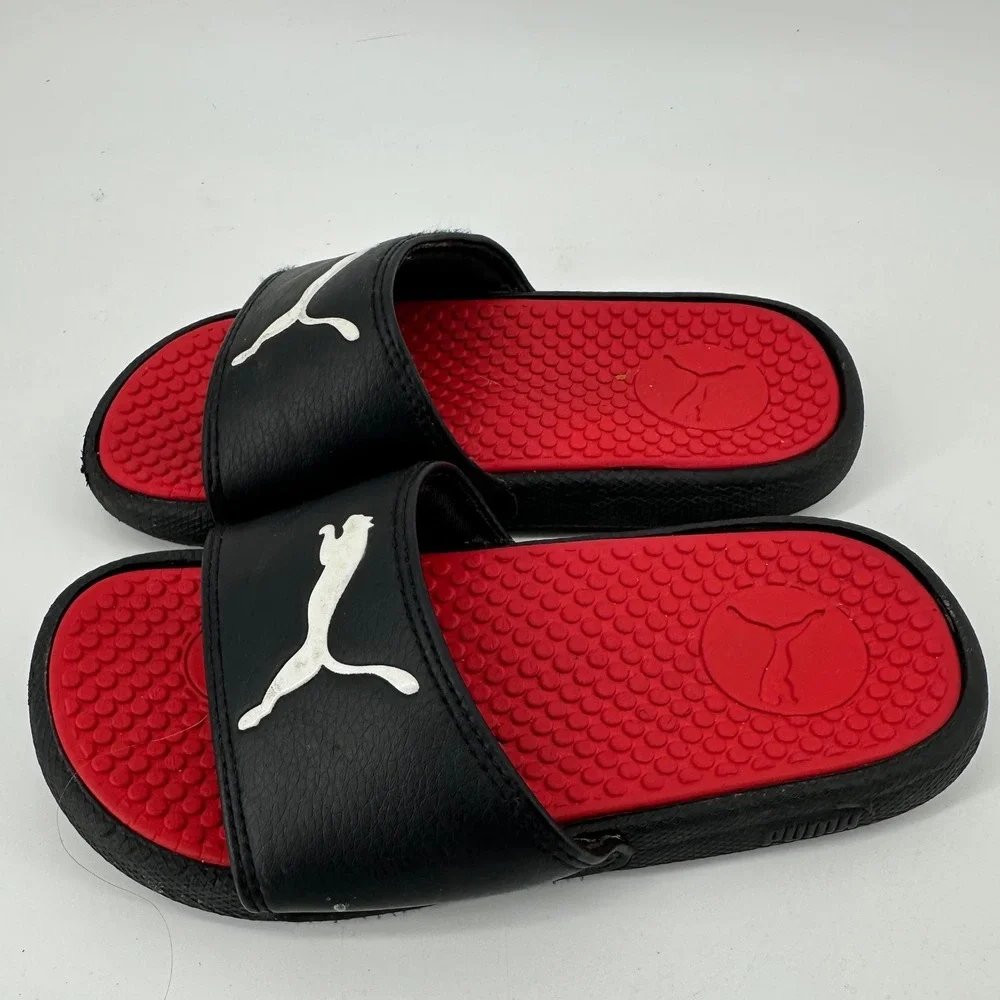 Puma Cool Cat Kids Slides Black Red White Athletic Sandals Size 11 US 28 EUR